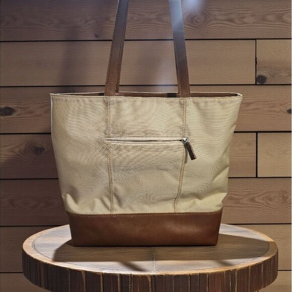 Tumi Beige Canvas & Brown Leather Tote Bag With Rear Zip Pocket And Handles - Picture 3 of 11